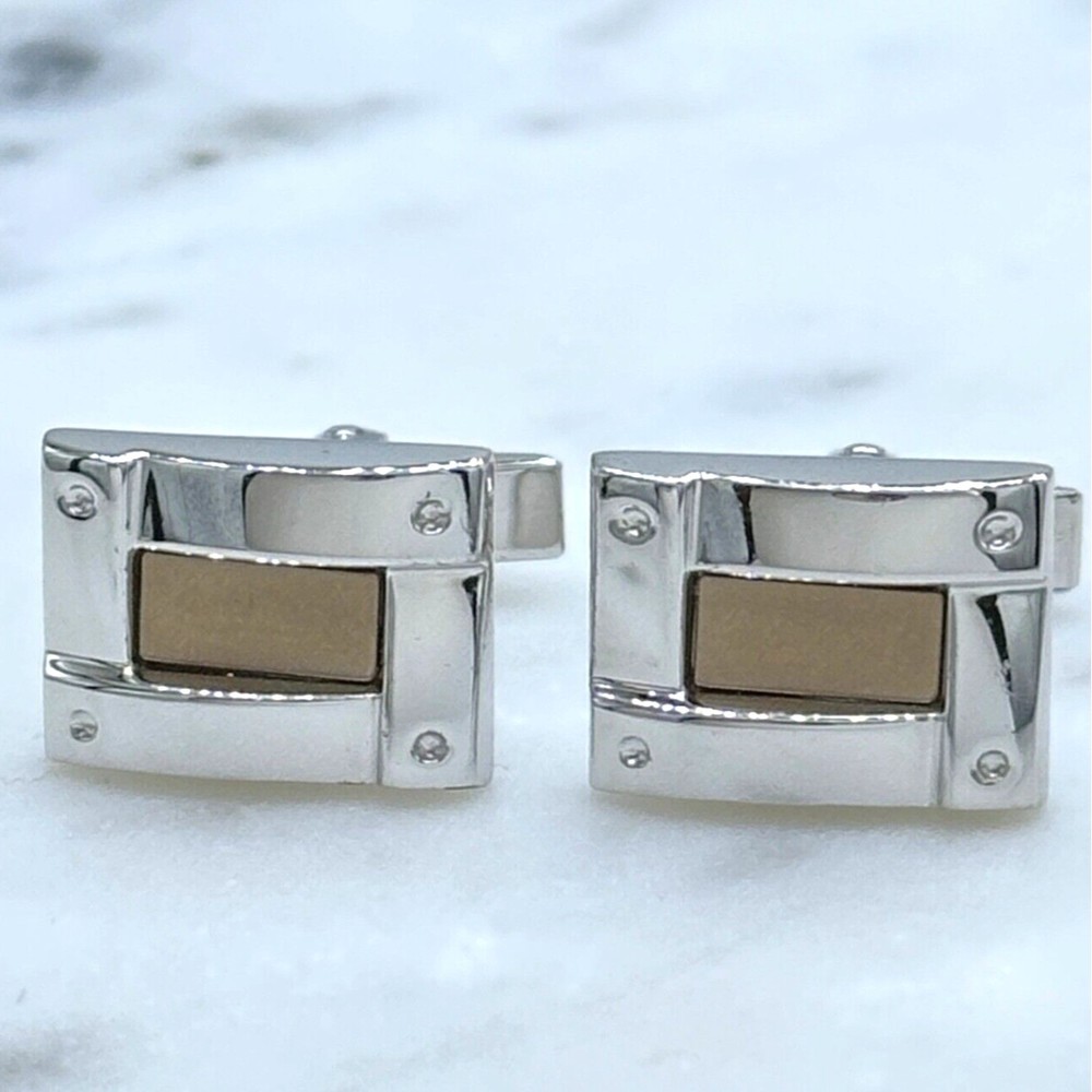 925 Silver Trim & 14K Gold Center Rectangle Elegant Formal Whale Back Cufflinks